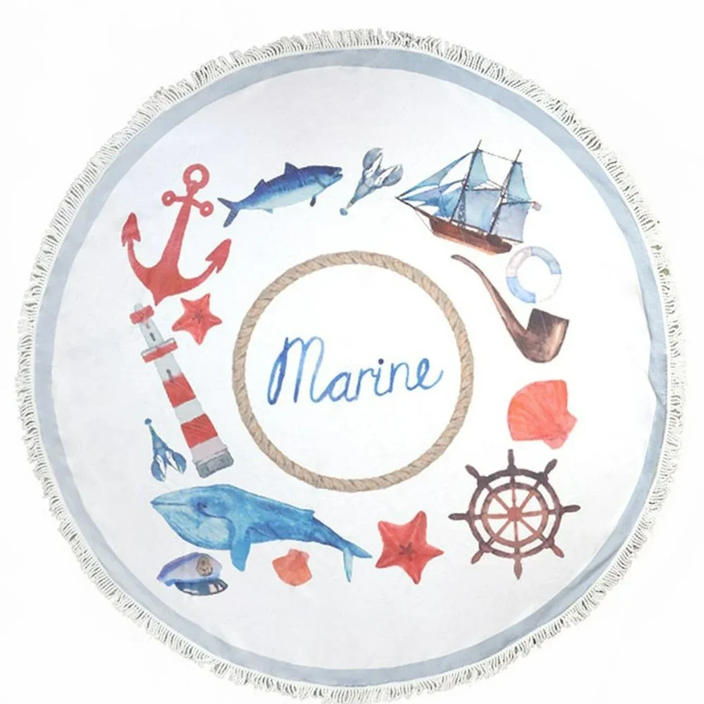 Coastal Nautical Beach Round Beach Towel w Fringes Yoga Mat Beach Blanket